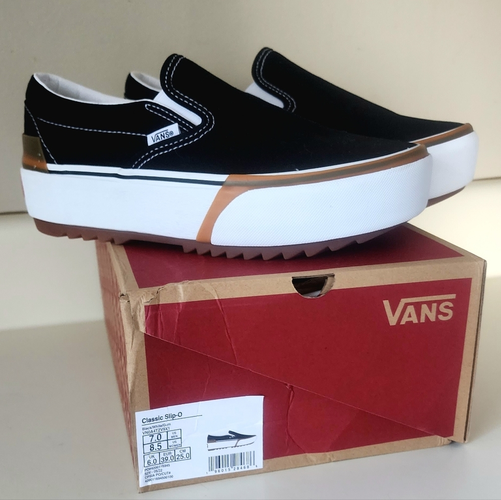 Vans Slip-On Stacked Black, White, & Gum Platform Shoes